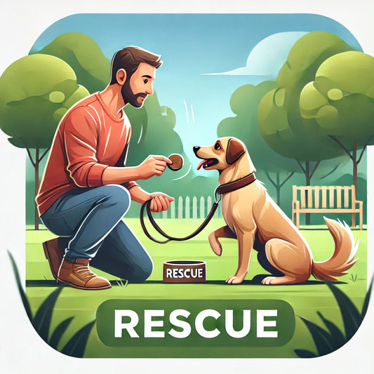 Ein Hundebesitzer, der mit seinem adoptierten Hund trainiert, um Vertrauen und Bindung aufzubauen.