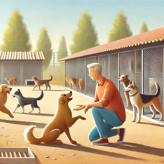 Ein potenzieller Hundebesitzer, der in einem Tierheim verschiedene Hunde kennenlernt, um den passenden Gefährten zu finden.